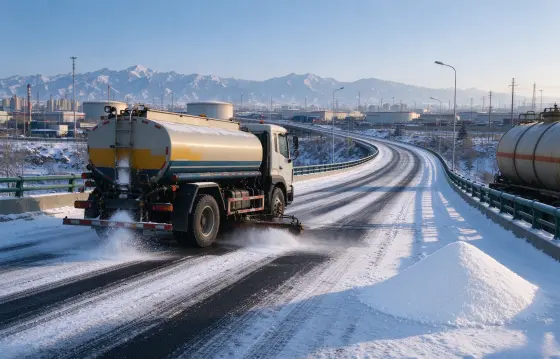 交通养护行业，高架公路上罐式撒布车正在路面撒布融雪剂，远处是连绵雪山与工业储罐，主要应用于道路、桥梁、机场、广场、停车场、铁路等场所的冬季融冰除雪。